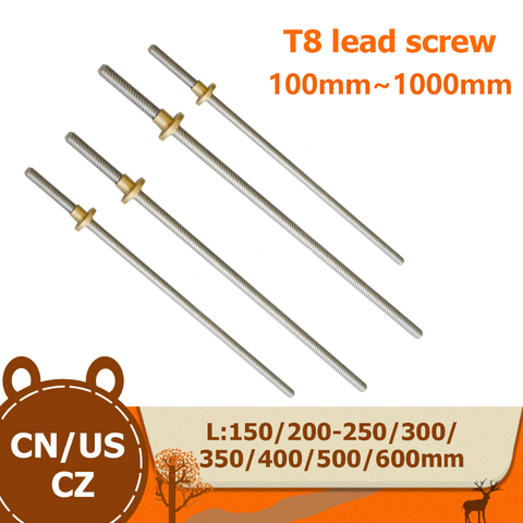 T8 Lead Screw OD 8mm Pitch 2mm Lead 8mm 100mm 200mm 300mm 350mm 400mm 500mm 600 mm with Brass Nut for Reprap 3D Printer ► Photo 1/6