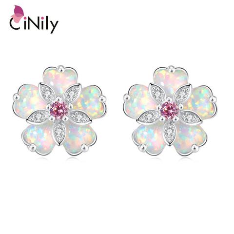 CiNily White & Blue & Green Fire Opal Stone Stud Earrings Silver Plated Flower Flora Cherry Blossom Spring Bohemia Boho Jewelry ► Photo 1/6