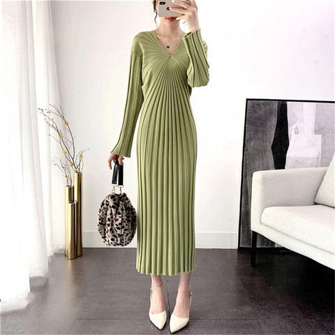 Fashion Designer Pleated Knitted Dress Elegant Women Sweater long Dresses Pullovers Black Long Sleeve Autumn Vestido 2022 ► Photo 1/6