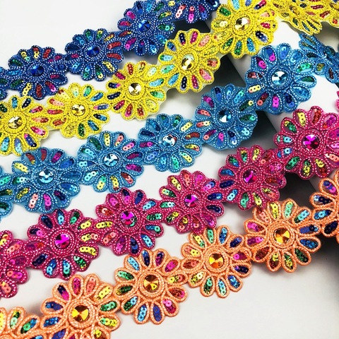4 Yards/lot Polyester Embroidery Colorful Sequin Stick-on Lace Ribbon Trims DIY Sewing Garment Handmade Materials 5cm Wide ► Photo 1/6