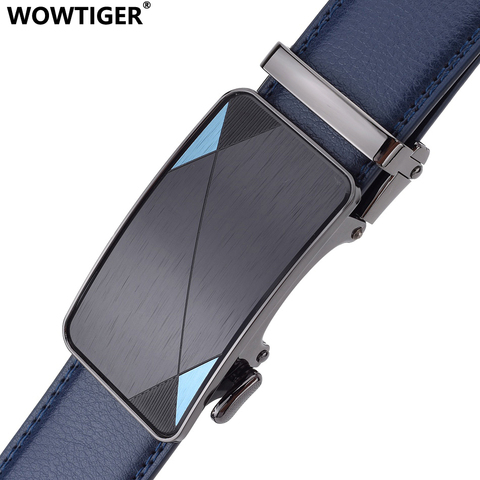 WOWTIGER blue 3.5cm width Cow genuine leather mens belt cowhide strap ratchet automatic buckle belts for men brand designer belt ► Photo 1/6