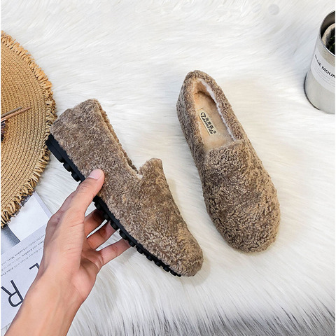 Lambswool flats cotton winter shoes for women solid round toe loafers slip on ladies shoes shallow fur moccasins plus size 34-43 ► Photo 1/6