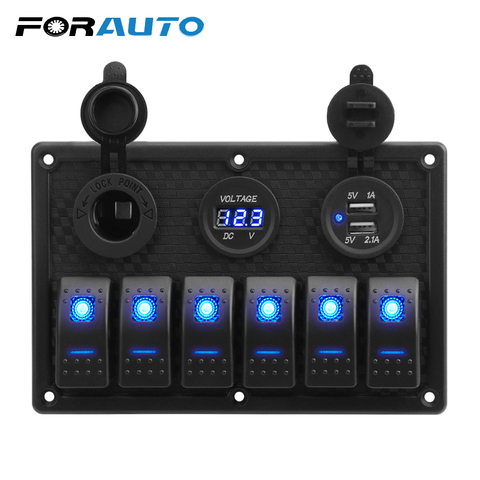 5/6 Gang Rocker Switch Panel With Fuse 4.2A Dual USB Slot Socket Digital Voltage Display for Marine Boat Car Truck Waterproof ► Photo 1/6