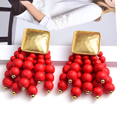 Statement Long Wooden Round Beaded Chain Drop Earrings High-Quality Fashion Trend Jewelry Accessories For Women Wholesale ► Photo 1/6