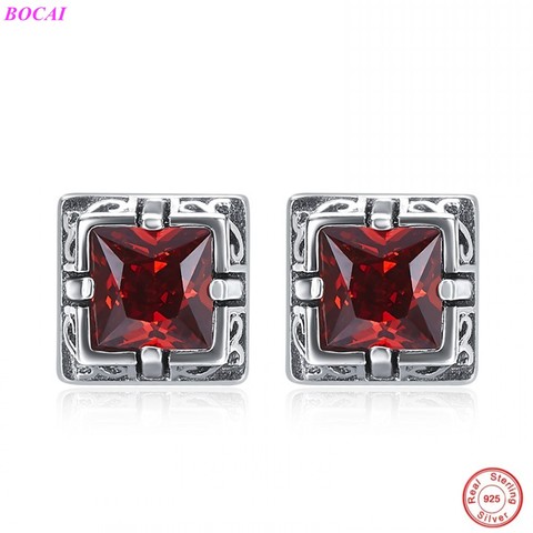 BOCAI  S925 sterling  silver female ear studs  red garnet  black agate simple retro  fashion woman's Thai silver earrings ► Photo 1/6