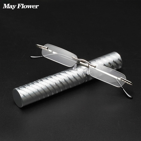 May Flower Mini Portable Reading Glasses Small Metal Rimless Presbyopic Eyewear With Pen Tube Case Mini Reading Eyeglasses+3.5+4 ► Photo 1/1