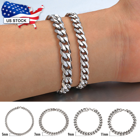 Fashion Womens Men's Stainless Steel Punk Silver Color Curb Link Chain Bracelet 3 5 7 9 11MM Bangle Bracelets Jewelry LKB214 ► Photo 1/6