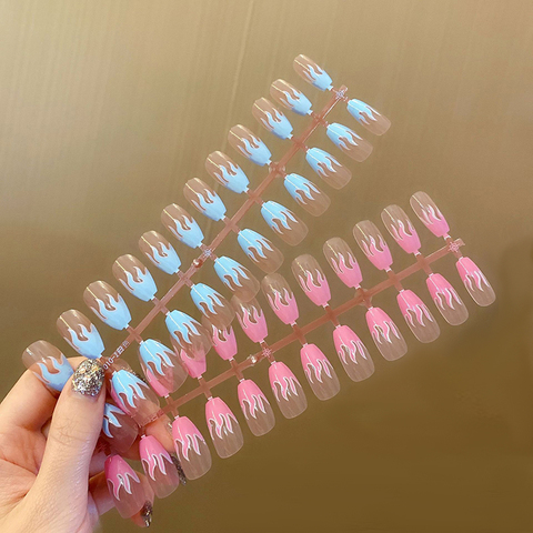 Buy Online 24pcs Flame Fake Nails Pink Blue Fire False Nails Press On Nails Nail Tips Nails Accessories Cute Coffin Nail Tips Nail Art Tool Alitools