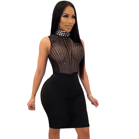 Sheer Mesh Rhinestone Dress Women Elegant Midi Bodycon Party Dress Autumn Summer See Through Glitter Sparkle Sexy Club Dresses ► Photo 1/6