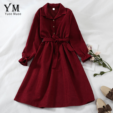 YuooMuoo Autumn Bandage Dress Women New Long Sleeve Turn Down Collar Vintage Shirt Dress New Casual Ladies Office Dresses Femme ► Photo 1/6