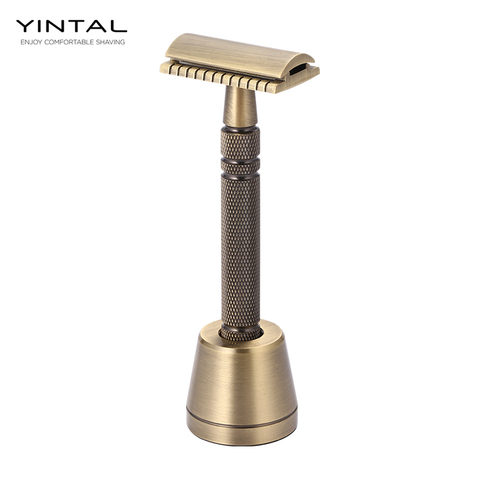 YINTAL Men's Bronze Classic Double-sided Manual Razor Long Handle Safety Razors 1 Razor 1 Base Shaver Set Waterproof No Rust ► Photo 1/6