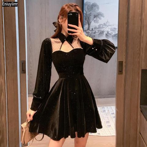 Women 2022 New Year Spring Patchwork Sexy Sheer Mesh Stand Collar Vintage French Black Velvet Mini Elegant Party Dress ► Photo 1/6