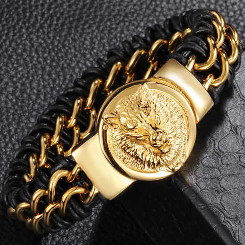 Heavy Men's Boys Biker Jewelry Luxury Gold Stainless Steel Black Genuine Leather Wolf Head Bracelet Men Mens Bracelets Bangles ► Photo 1/6