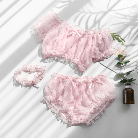 Pastal Girl Style Sexy Lingerie Underwear Tranparent Floral Cute Chiffon Beautiful Tube Top Bra Panty Leg Ring 3pcs Set ► Photo 1/5