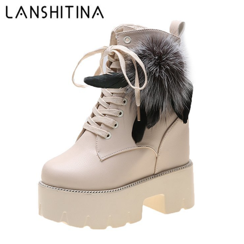 Women Winter Ankle Boots 12CM Warm Fur High Platform Motorcycle Boots Leather High Heels Shoes Woman Chunky Sneakers Winter 2022 ► Photo 1/6