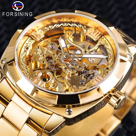 Forsining Retro Men's Automatic Mechanical Wirstwatches Top Brand Luxury Full Golden Design Luminous Hands Skeleton Clock Male ► Photo 1/6