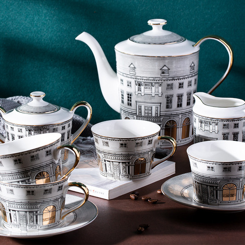 11Pcs/Set Architettura Design Bone China Tea Set Coffee Pot Milk Pot Sugar Bowl Cups and Saucer Set Retro Swan Castle Turkish ► Photo 1/5
