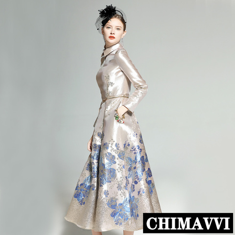 New Spring Women's Retro Lapel Long Sleeve Blue Flower Jacquard Slim Elegant Long Dress Lady Girls Luxury Formal Party Dresses ► Photo 1/6