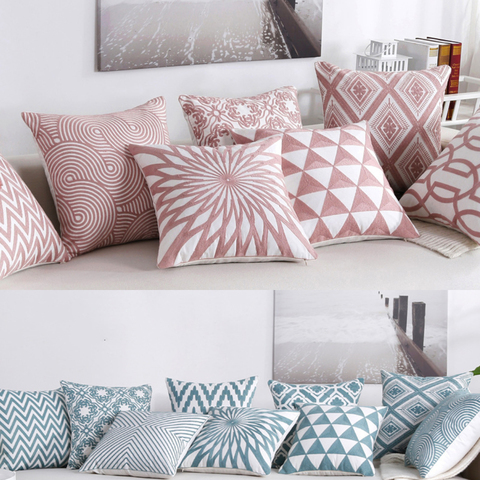 NEW 100% Cotton Woolen Embroidered Geometric Cushion Cover Modern Nordic Style Pink Blue Pillow Cover Cotton Throw Pillows Case ► Photo 1/6