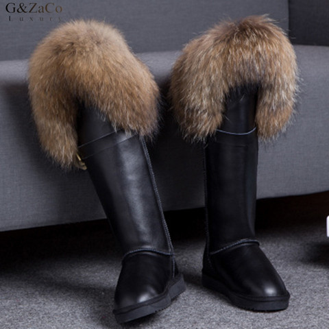 G&Zaco Luxury Genuine Leather Snow Boots  Winter Natural Fox Fur Knee- High Boots Waterproof Flat Long  Boots Raccoon Fur Boot ► Photo 1/6