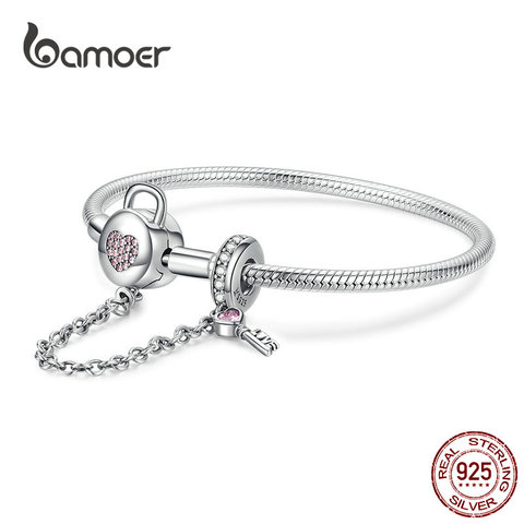 BAMOER Silver Snake Bracelets  925 Sterling Silver Pink CZ Heart Lock and Key Safety Chain Charm Bracelet for Women Gift SCB143 ► Photo 1/6