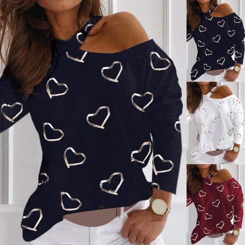 Sexy Women One Shoulder Pullover Female Knit Blouse Women Long Sleeve Hollow Out Blouse Love Heart Print One Shoulder Pullover ► Photo 1/6