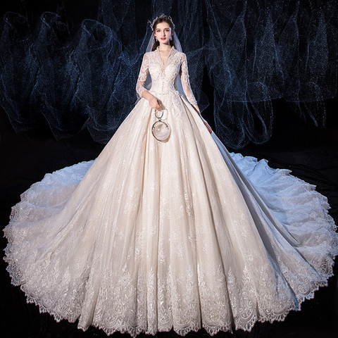 Beading Sequined Appliques Lace V-Neck Long Sleeve Gorgeous Ball Gown Wedding Dress With 1.5m Picture Chapel Train ► Photo 1/5