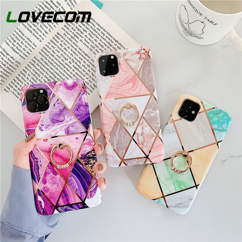 Electroplate Geometric Marble Ring Holder Phone Case For iPhone 12 Mini 12 11 Pro Max XR X XS Max 7 8 Plus Case Soft Phone Cover ► Photo 1/6