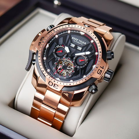 Reef Tiger/RT Sport Men Watch Complicated Dial with Year Month Perpetual Calendar Rose Gold Black Dial Bracelet Watches RGA3532 ► Photo 1/6