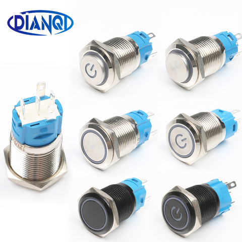 Latching push button switch locked 16mm flat head Momentary Metal press Push Button waterproof LED metal switch power mark ► Photo 1/6