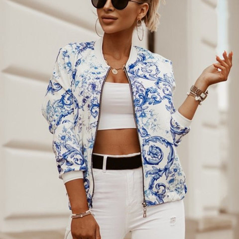 Flower Print Long Sleeve Women's Bomber Jacket Fashion Zipper Up Vintage Coat Tops Elegant Slim Basic Ladies Jackets Outwear ► Photo 1/6