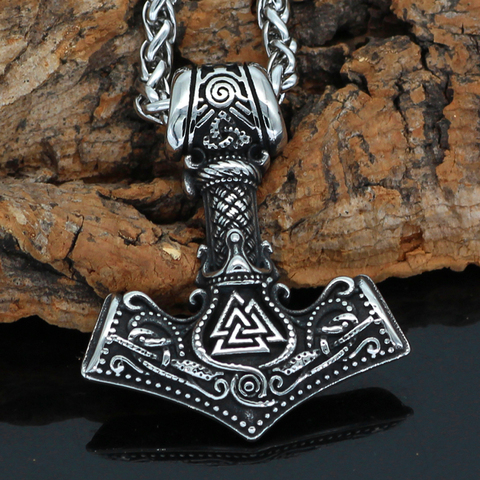 Nordic Stainless Steel Mjolnir Valknut Rune Scandinavian Viking Necklace With Valknut Gift Bag ► Photo 1/6