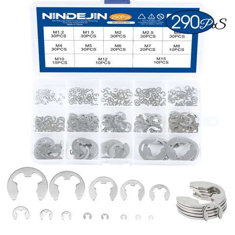 290pcs/set E clip circlip washer assortment kit 304 stainless steel 1.2-15 mm external retaining ring clip for pulleys shaft ► Photo 1/6