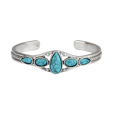 Bohemian Style Silver Color Turquoises Natural Stone Open Adjustable Bangle Women Vintage Jewelry Indian Cuff Bracelet B5O664 ► Photo 1/6