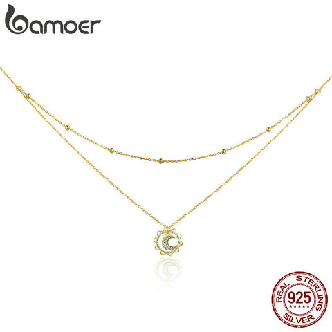 BAMOER Vintage 925 Sterling Silver Sun Moon Shape Double Layers Choker Necklaces Pendant for Women Silver Jewelry Making SCN305 ► Photo 1/6