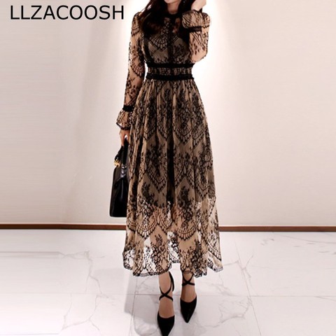 2022 Spring Sexy Long Dress Slim Patchwork Long Sleeved Mid-Calf Hollow Out  Lace Party Dress Vestidos Robe Femme ► Photo 1/6