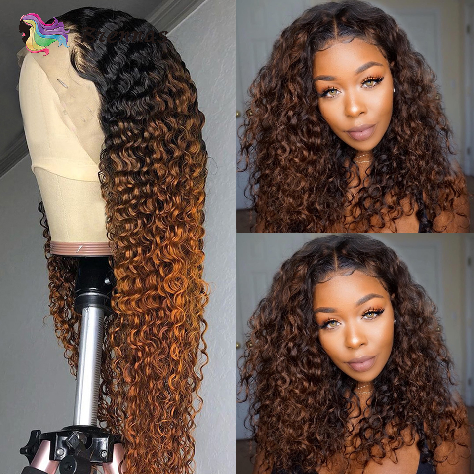 Ombre Curly Lace Part Human Hair Wigs for Women T Part Lace wig 1B30 brown color 13x1 lace wig Brazilian Remy hair Pre Plucked ► Photo 1/6