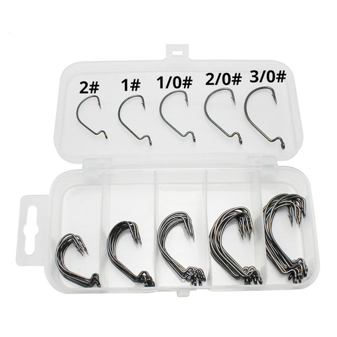 50pcs/set Fishing Hook Carbon Steel 3/0#-2# Bass Barbed Carp Fishing Hooks  Wide Crank Offset Fishhook For Soft Worm Lure