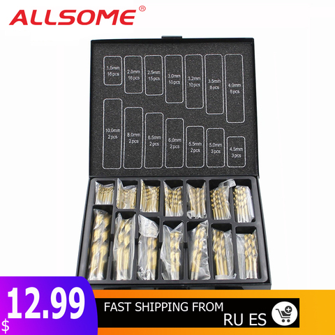 ALLSOME 99pcs 1.5mm - 10mm Titanium Coated Drill Bit Set High Speed Steel Manual Twist Drill Bits HT2386 ► Photo 1/6