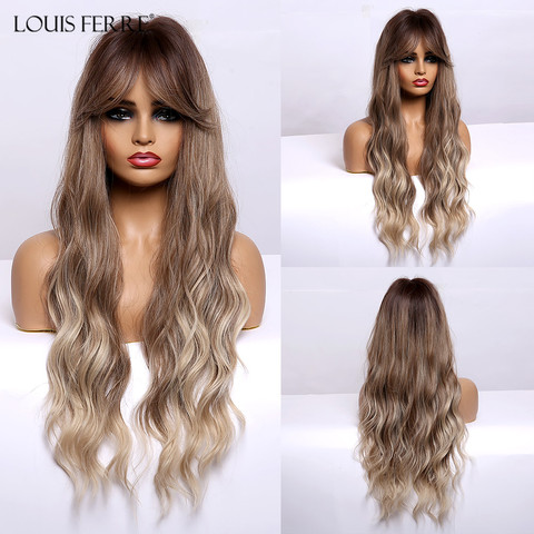 LOUIS FERRE Ombre Brown Honey Blonde Synthetic Wigs with Bnags for Black Women Long Natural Wave Cosplay Wig Heat Resistant ► Photo 1/6