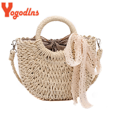 Yogodlns New Straw Bag Women Hand-Woven Handbag Moon Shape Rattan Bag Big Capacity Drawstring Casual Travel Beach Shoulder Bag ► Photo 1/6