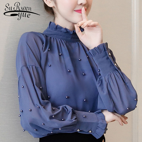 2022 blue  chiffon women shirts beading women tops long sleeved bottom shirt fashion blouse OL women blouses clothes 1641 50 ► Photo 1/6