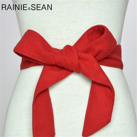RAINIE SEAN Velvet Belts For Women Solid Self Tie Bow Red Black Winter Ladies Waist Belt Strap Female Waistband Coat Accessories ► Photo 1/6