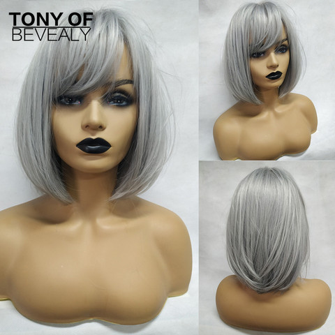 Short Straight Bob Hairstyle Hair Wigs With Bangs Heat Resistant Synthetic Wigs for Women Silver Gray Cosplay Natural Wigs ► Photo 1/6