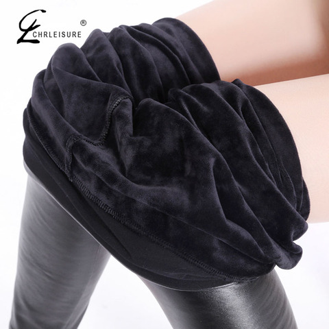 Plus Size Winter Leather Leggings Women Warm Velvet Legging Femme High Waist Thick Stretch Leggins Mujer ► Photo 1/6