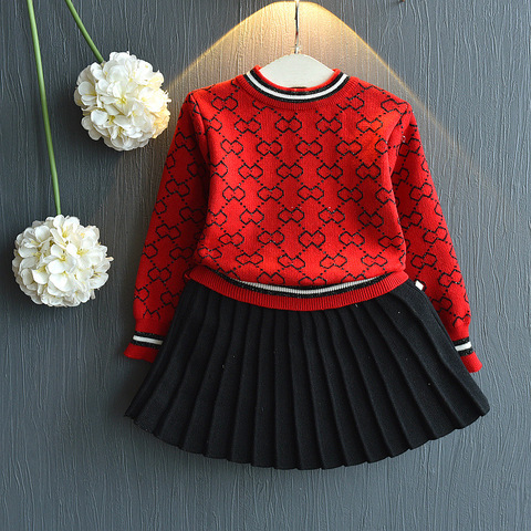 Fashion Girls Clothes Set Long Sleeve Kids Girl Winter Outfits Knitted Shirt Sweater and Skirt 2 Pcs Children Clothes Sets ► Photo 1/6