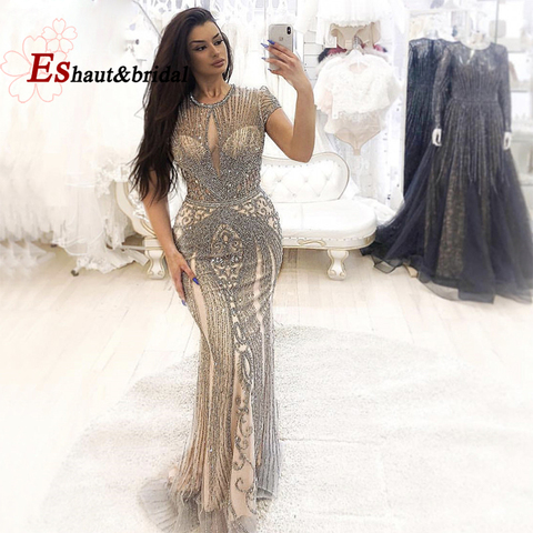 2022 Luxury Cap Sleeves Full Diamond O Neck Sexy Evening Dress Beading Mermaid Formal Party Gowns ► Photo 1/6