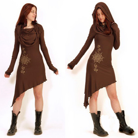 Halloween Cosplay Forest Elf Fairy Elven Costume For Adult Women Vintage Gothic Slim Hooded Print Mini Dress Plus Size S-5XL ► Photo 1/6