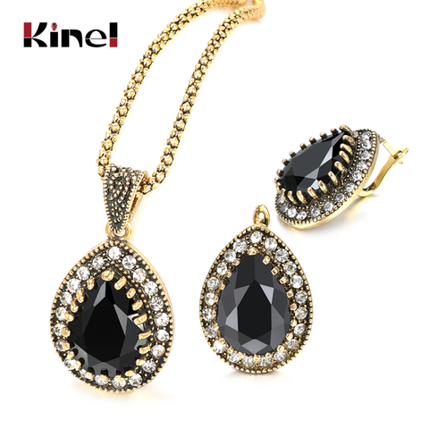 Kinel Black Stone Woman Jewelry Set Fashion Dubai Gold Drop Earrings Necklace Vintage Wedding Jewelry Wholesale ► Photo 1/6