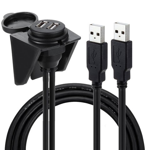 waterproof dust-proof dual usb 2.0 A male to A female round panel mount extension cable with bracket and cap ► Photo 1/6